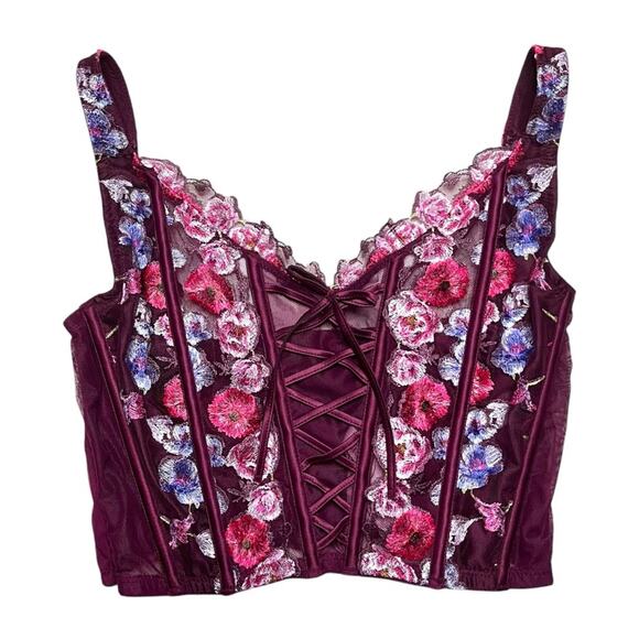 Victoria's Secret Floral Embroidered Lace-Up Corset Bra Top Size Medium